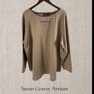Susan Graver Artisan French Terry Top with Embellishment‎ Rhinestones Tan 2X